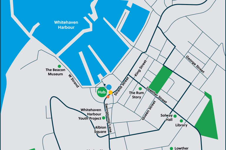 Map of Whitehaven displaying the hub location