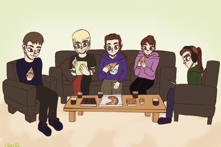 Drawing of fine young people sat on sofas eating pizza