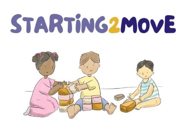 Three cartoon babies or toddlers sit on the floor in different position playing with blocks, endorsed by chartered society of physiotherapy