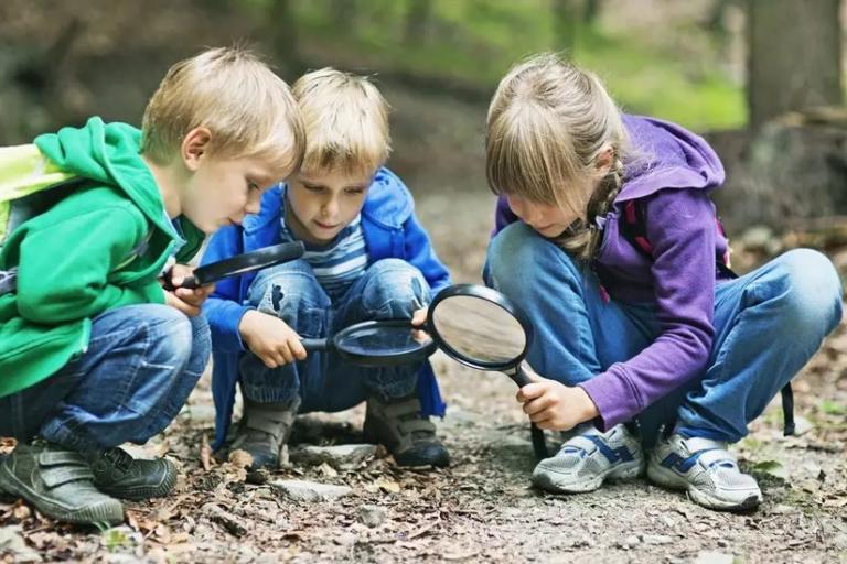 Three children crouching on the ground, using magnifying glasses to look at insects
