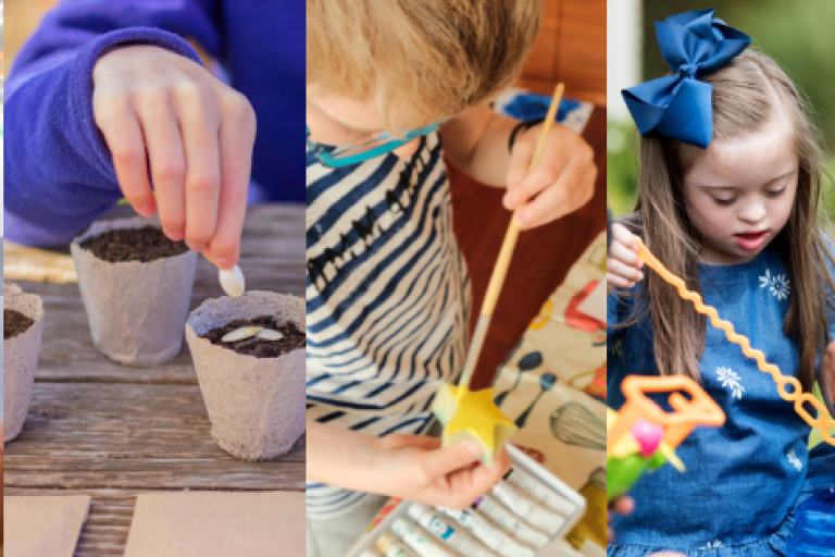 Children running in the sunshine, painting easter crafts, sowing seeds, and blowing bubbles