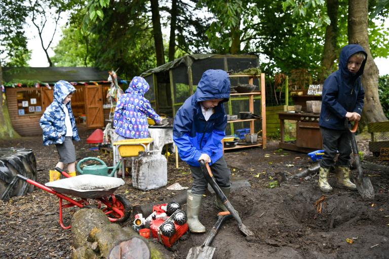Children play in rain coats and wellies by digging in the soil in an outdoor classroom.