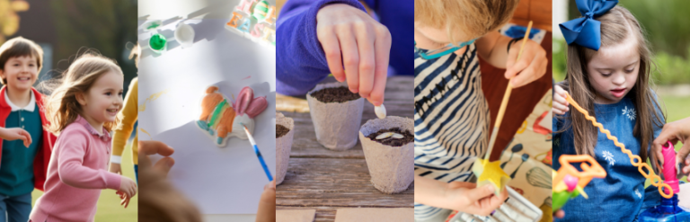 Children running in the sunshine, painting easter crafts, sowing seeds, and blowing bubbles