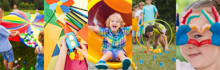 Collage of children playing outside in the summer