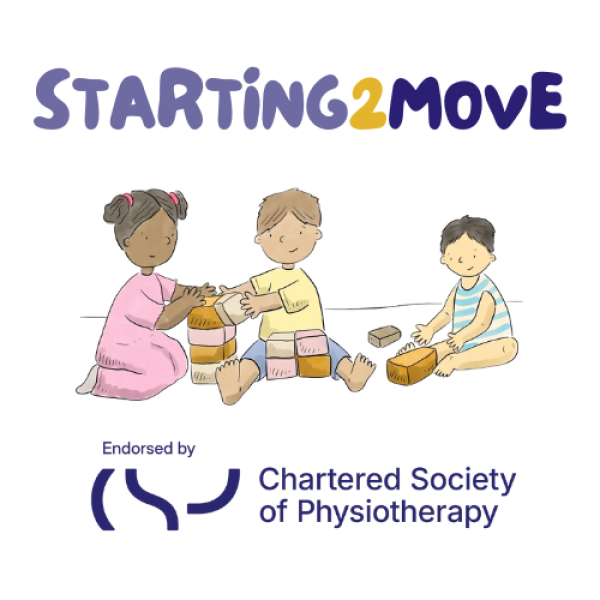 Starting2Move cartoon of three toddlers playing with bricks side by side