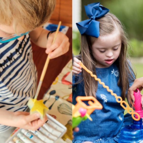 Children running in the sunshine, painting easter crafts, sowing seeds, and blowing bubbles